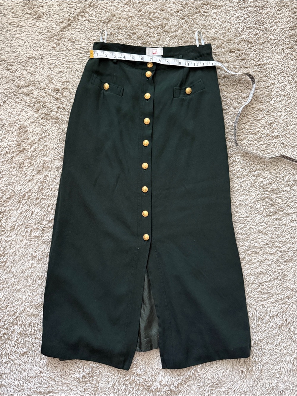 Vintage High-Waist Green Button-Front Midi Skirt with Gold Buttons